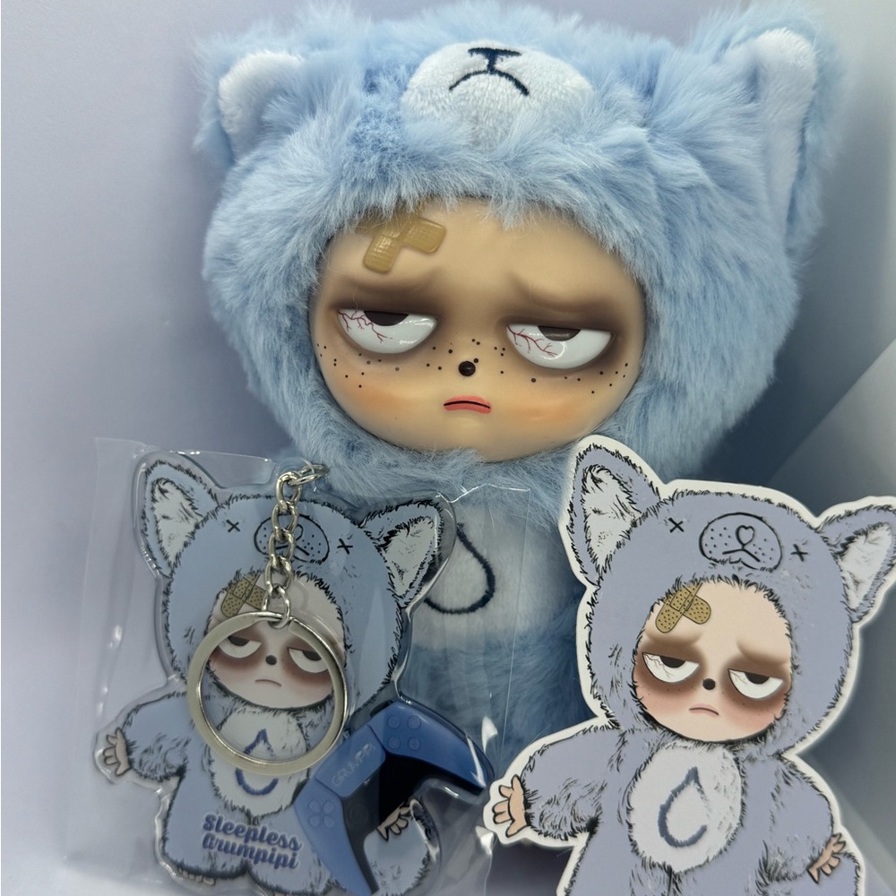 Sleepless Grumpipi Blue Bear Plush Toy with Keychain and Sticker